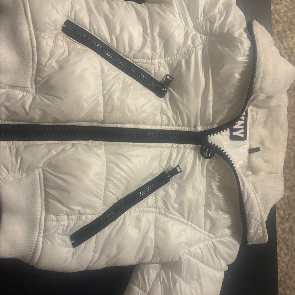 DKNY White Quilted Jacket with Black Zippers